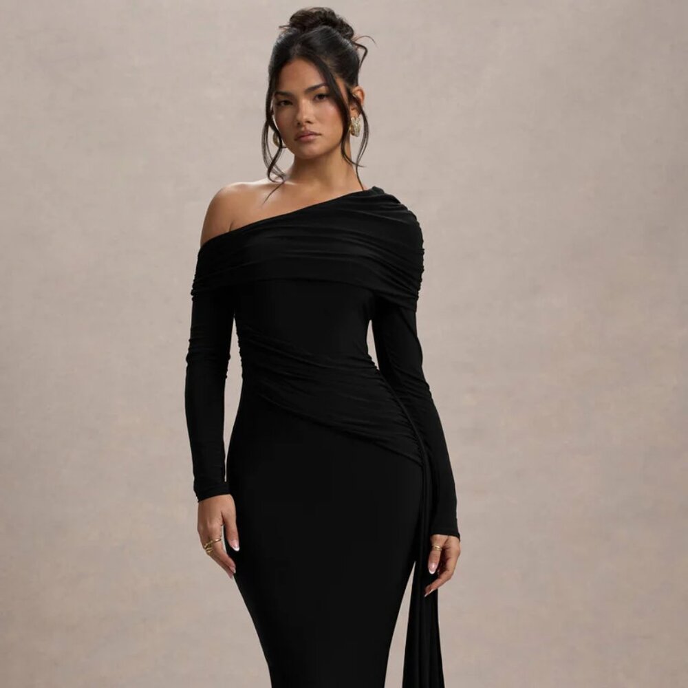 Clubl London Valina | Black Ruched Asymmetric Maxi Dress With Drape